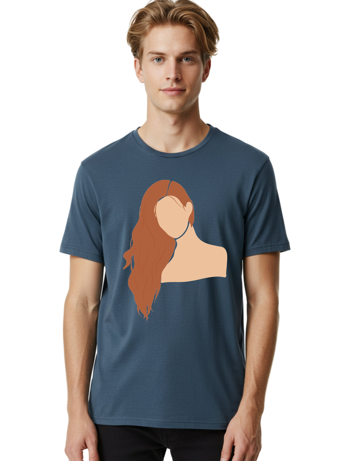 Woman-With-Long-Hair Men'S Graphic Tee, 100% Cotton, Comfortable Casual Summer Wear, Machine Washable, Woman With Long Hair, Red Hair, Shoulder-Length Locks, Faceless Portrait, Minimalist Art, Simple Shapes, Elegant Hairstyle, Aae081