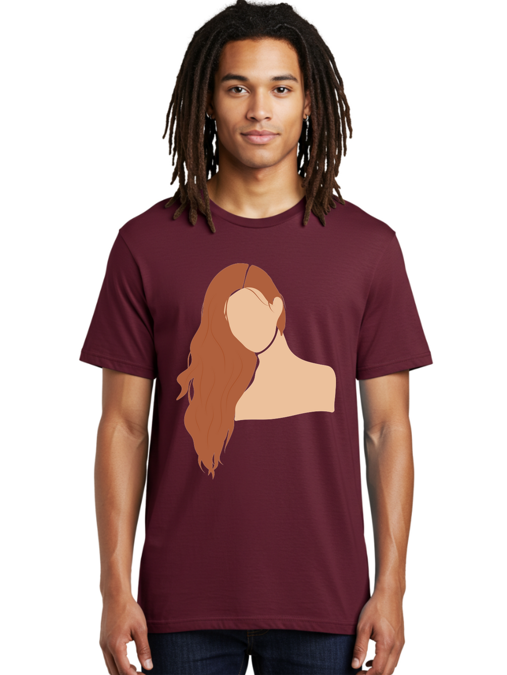Woman-With-Long-Hair Men'S Graphic Tee, 100% Cotton, Comfortable Casual Summer Wear, Machine Washable, Woman With Long Hair, Red Hair, Shoulder-Length Locks, Faceless Portrait, Minimalist Art, Simple Shapes, Elegant Hairstyle, Aae081