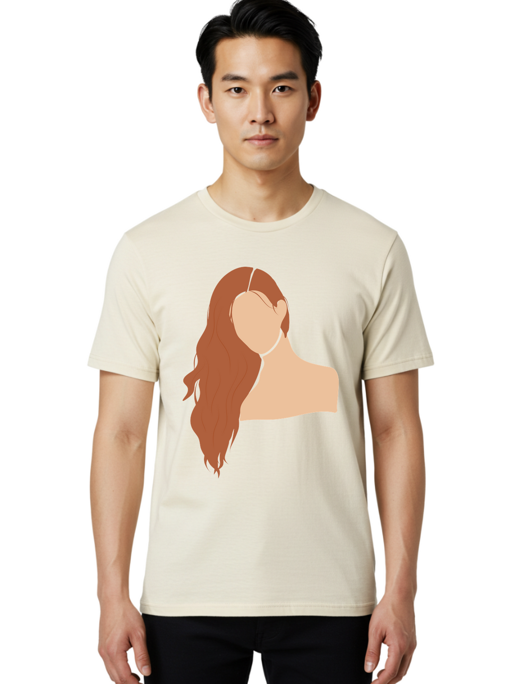 Woman-With-Long-Hair Men'S Graphic Tee, 100% Cotton, Comfortable Casual Summer Wear, Machine Washable, Woman With Long Hair, Red Hair, Shoulder-Length Locks, Faceless Portrait, Minimalist Art, Simple Shapes, Elegant Hairstyle, Aae081