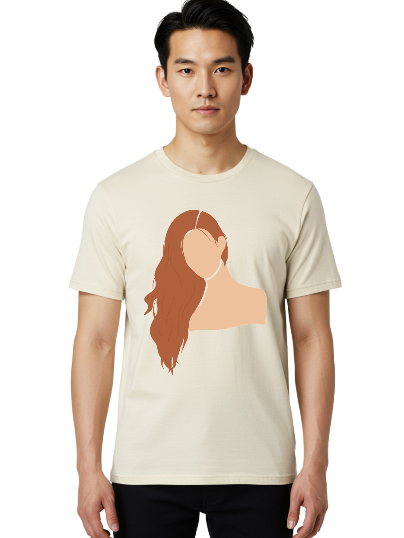 Woman-With-Long-Hair Men'S Graphic Tee, 100% Cotton, Comfortable Casual Summer Wear, Machine Washable, Woman With Long Hair, Red Hair, Shoulder-Length Locks, Faceless Portrait, Minimalist Art, Simple Shapes, Elegant Hairstyle, Aae081