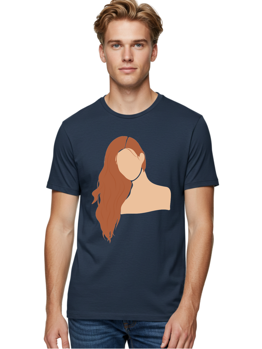 Woman-With-Long-Hair Men'S Graphic Tee, 100% Cotton, Comfortable Casual Summer Wear, Machine Washable, Woman With Long Hair, Red Hair, Shoulder-Length Locks, Faceless Portrait, Minimalist Art, Simple Shapes, Elegant Hairstyle, Aae081
