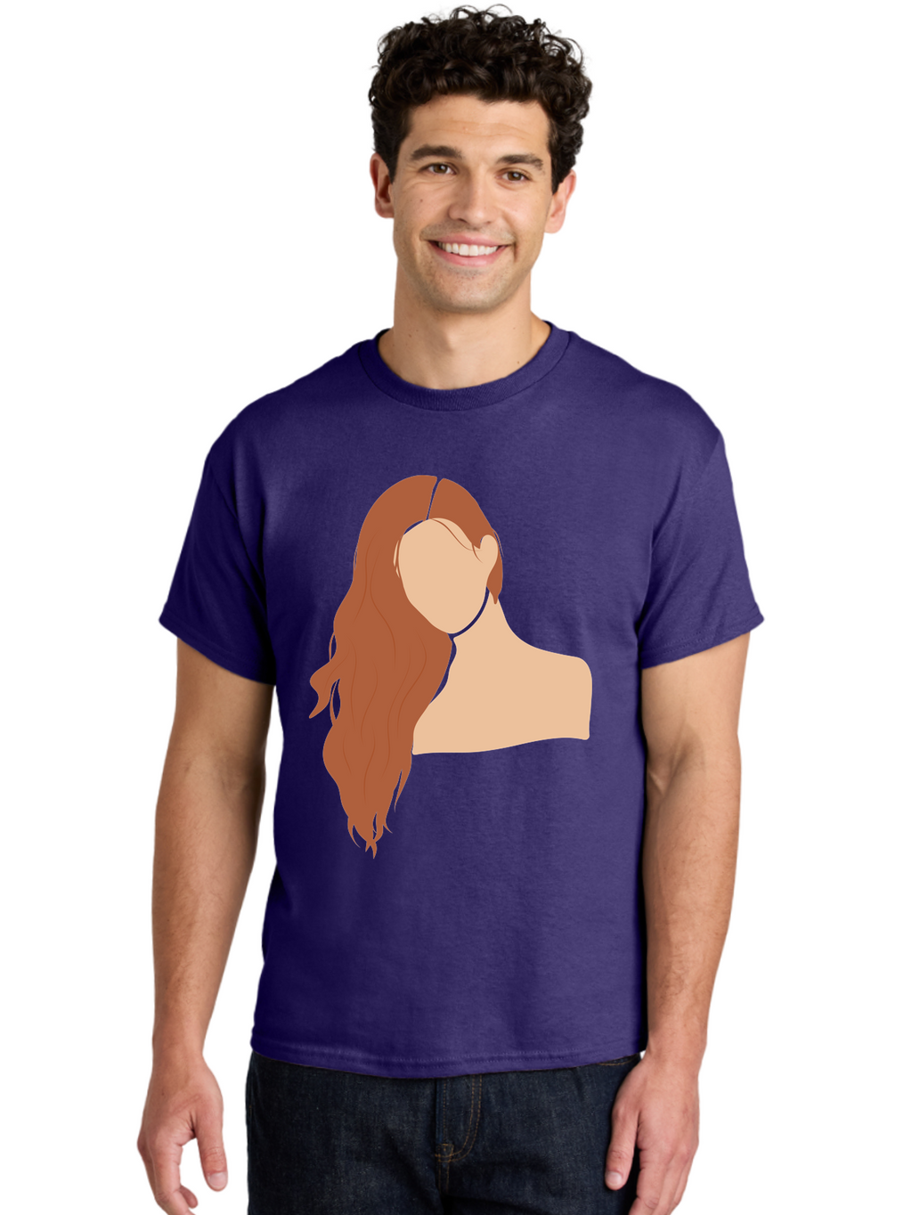 Woman-With-Long-Hair Men'S Graphic Tee, 100% Cotton, Comfortable Casual Summer Wear, Machine Washable, Woman With Long Hair, Red Hair, Shoulder-Length Locks, Faceless Portrait, Minimalist Art, Simple Shapes, Elegant Hairstyle, Aae081