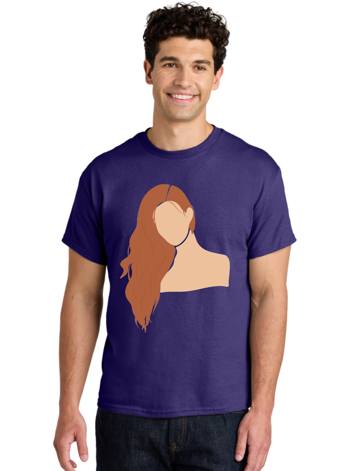 Woman-With-Long-Hair Men'S Graphic Tee, 100% Cotton, Comfortable Casual Summer Wear, Machine Washable, Woman With Long Hair, Red Hair, Shoulder-Length Locks, Faceless Portrait, Minimalist Art, Simple Shapes, Elegant Hairstyle, Aae081