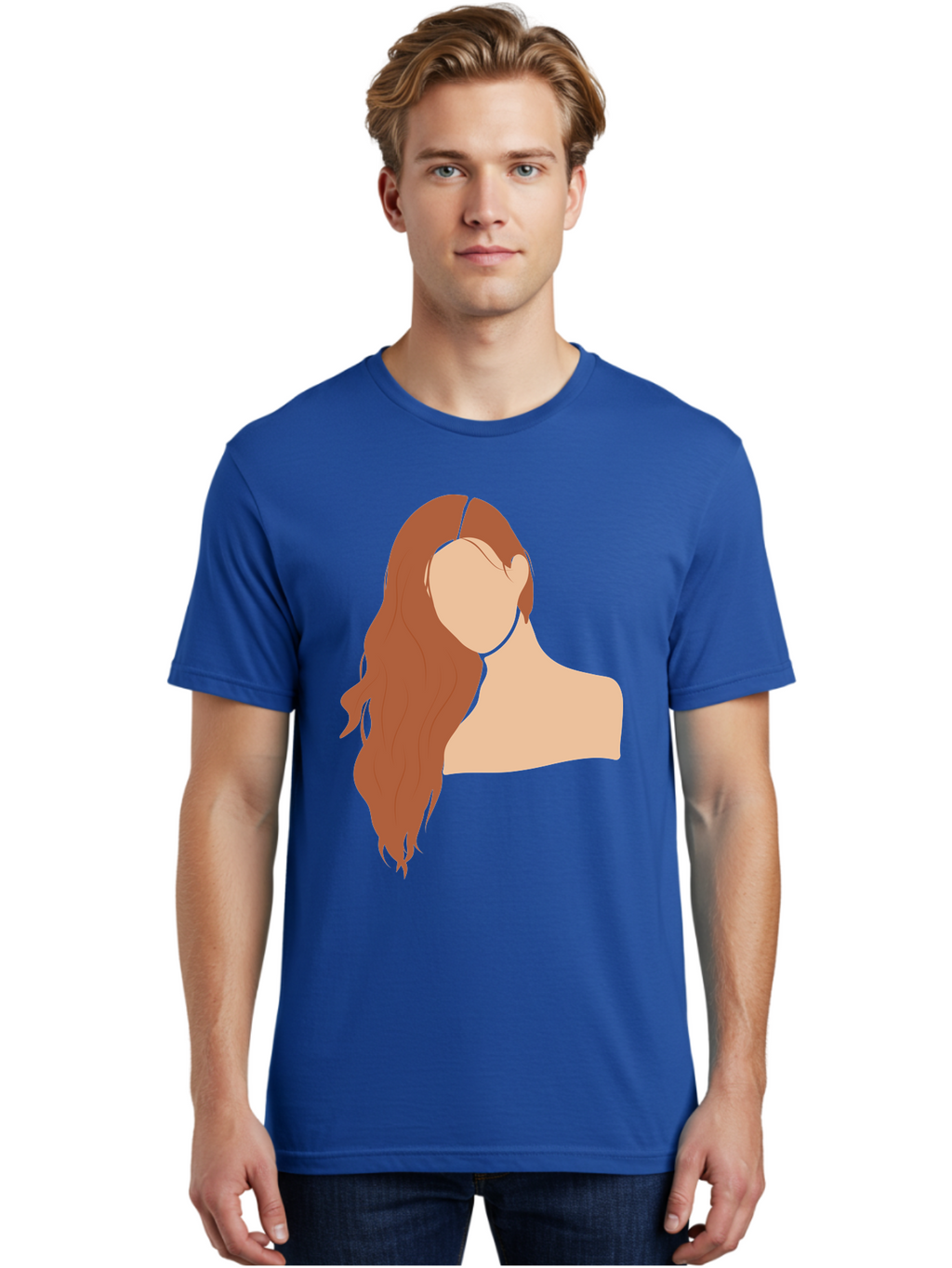 Woman-With-Long-Hair Men'S Graphic Tee, 100% Cotton, Comfortable Casual Summer Wear, Machine Washable, Woman With Long Hair, Red Hair, Shoulder-Length Locks, Faceless Portrait, Minimalist Art, Simple Shapes, Elegant Hairstyle, Aae081