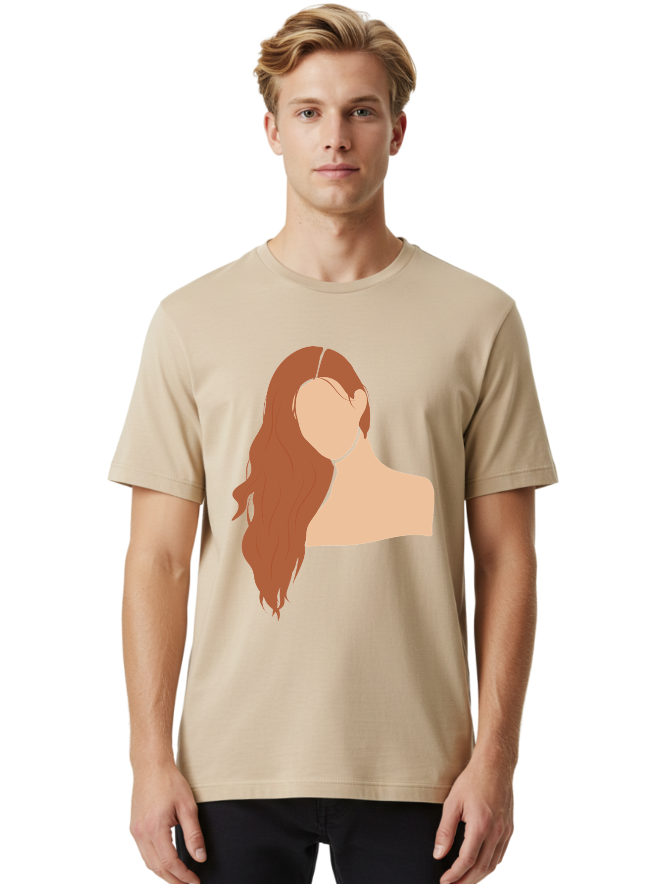 Woman-With-Long-Hair Men'S Graphic Tee, 100% Cotton, Comfortable Casual Summer Wear, Machine Washable, Woman With Long Hair, Red Hair, Shoulder-Length Locks, Faceless Portrait, Minimalist Art, Simple Shapes, Elegant Hairstyle, Aae081