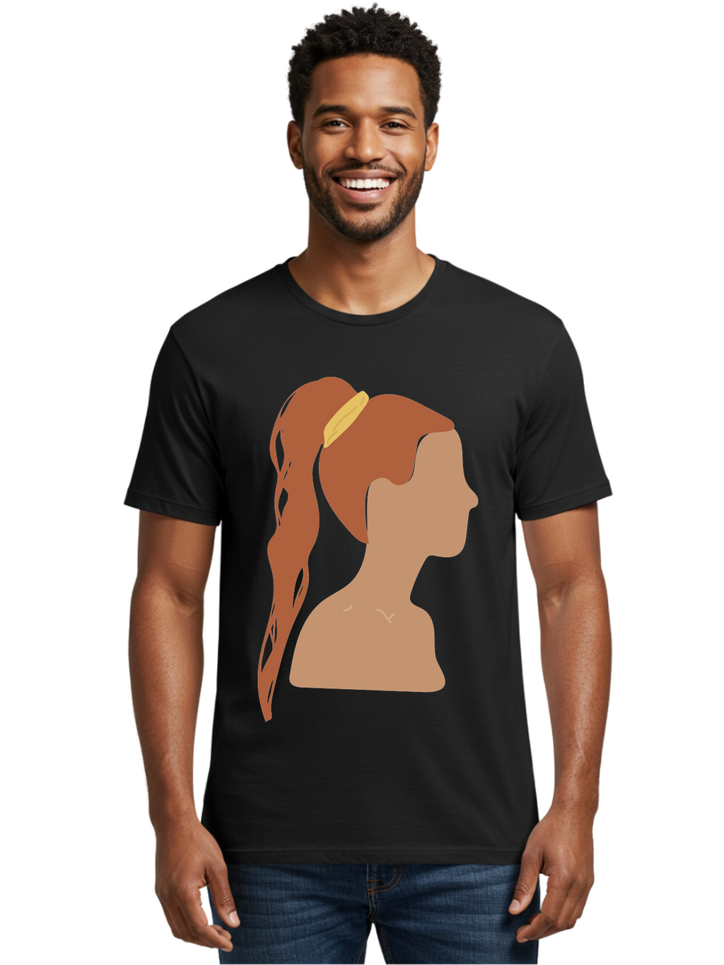 Woman-With-Pigtail Men'S Graphic Tee, 100% Cotton, Comfortable Casual Summer Wear, Machine Washable, Girl Profile, Pigtail Hairstyle, Yellow Hairband, Simple Illustration, Minimalist Design, Elegant Look, Simple Shapes, Cartoon-Style, Aae082