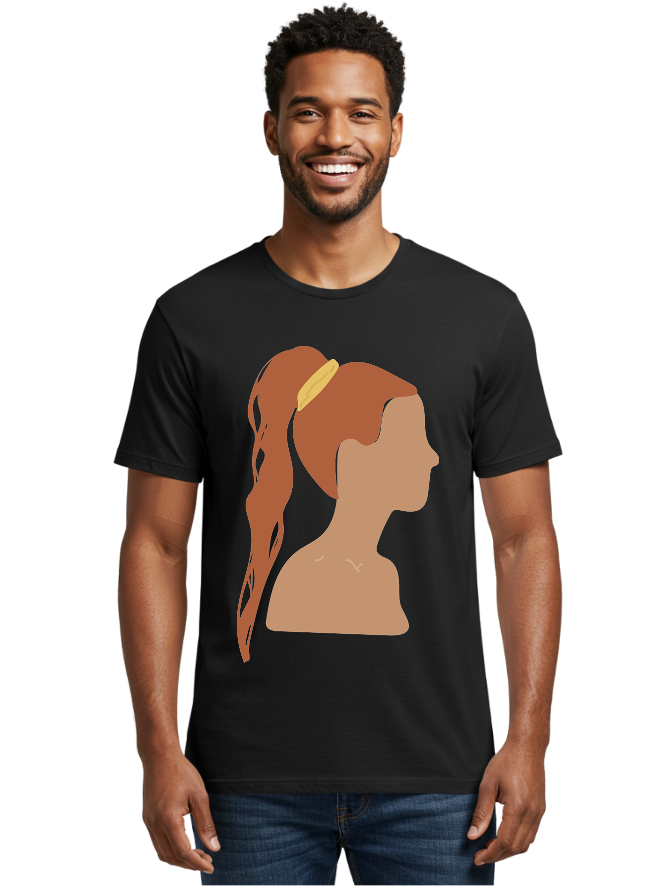 Woman-With-Pigtail Men'S Graphic Tee, 100% Cotton, Comfortable Casual Summer Wear, Machine Washable, Girl Profile, Pigtail Hairstyle, Yellow Hairband, Simple Illustration, Minimalist Design, Elegant Look, Simple Shapes, Cartoon-Style, Aae082