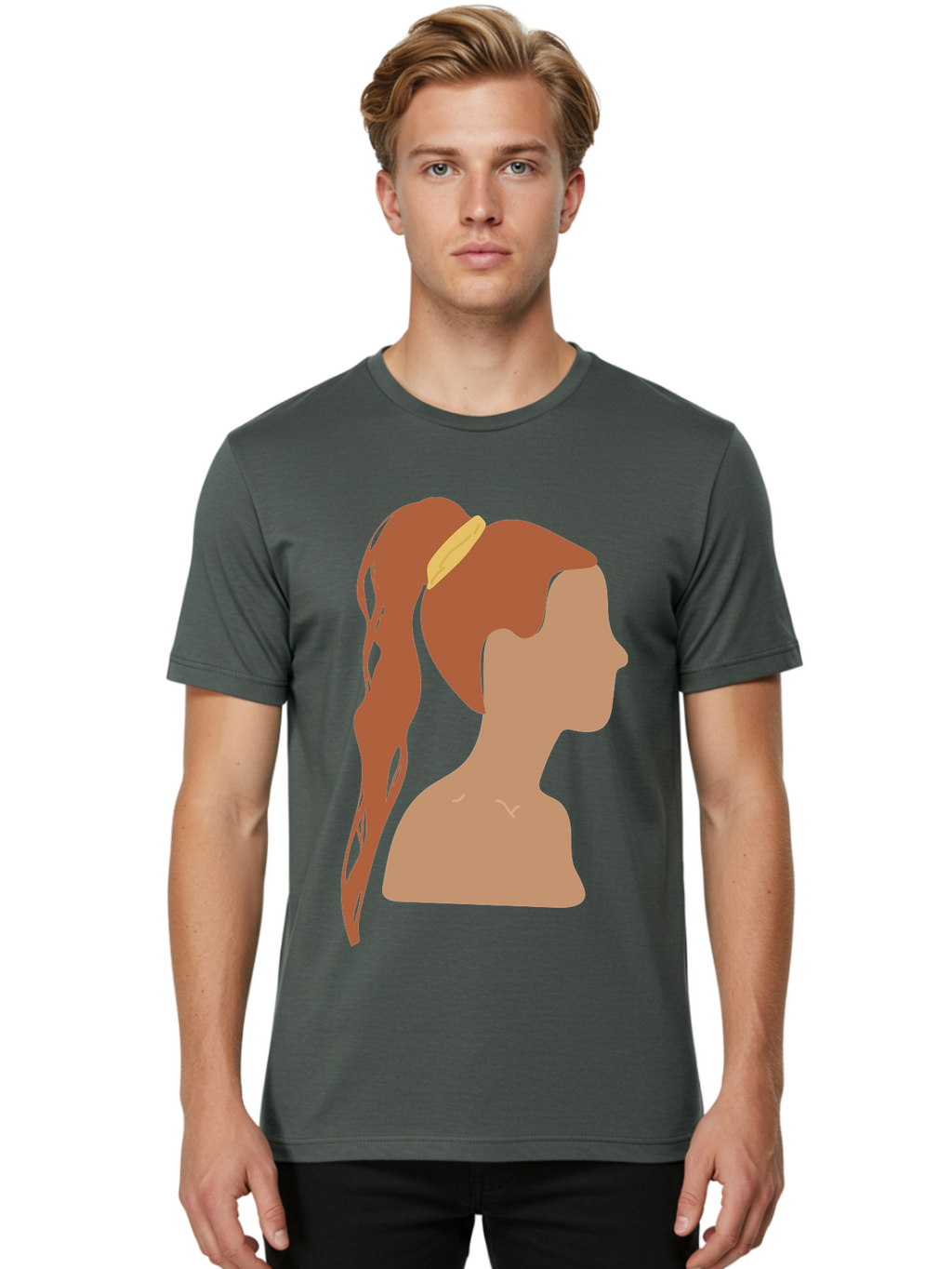 Woman-With-Pigtail Men'S Graphic Tee, 100% Cotton, Comfortable Casual Summer Wear, Machine Washable, Girl Profile, Pigtail Hairstyle, Yellow Hairband, Simple Illustration, Minimalist Design, Elegant Look, Simple Shapes, Cartoon-Style, Aae082