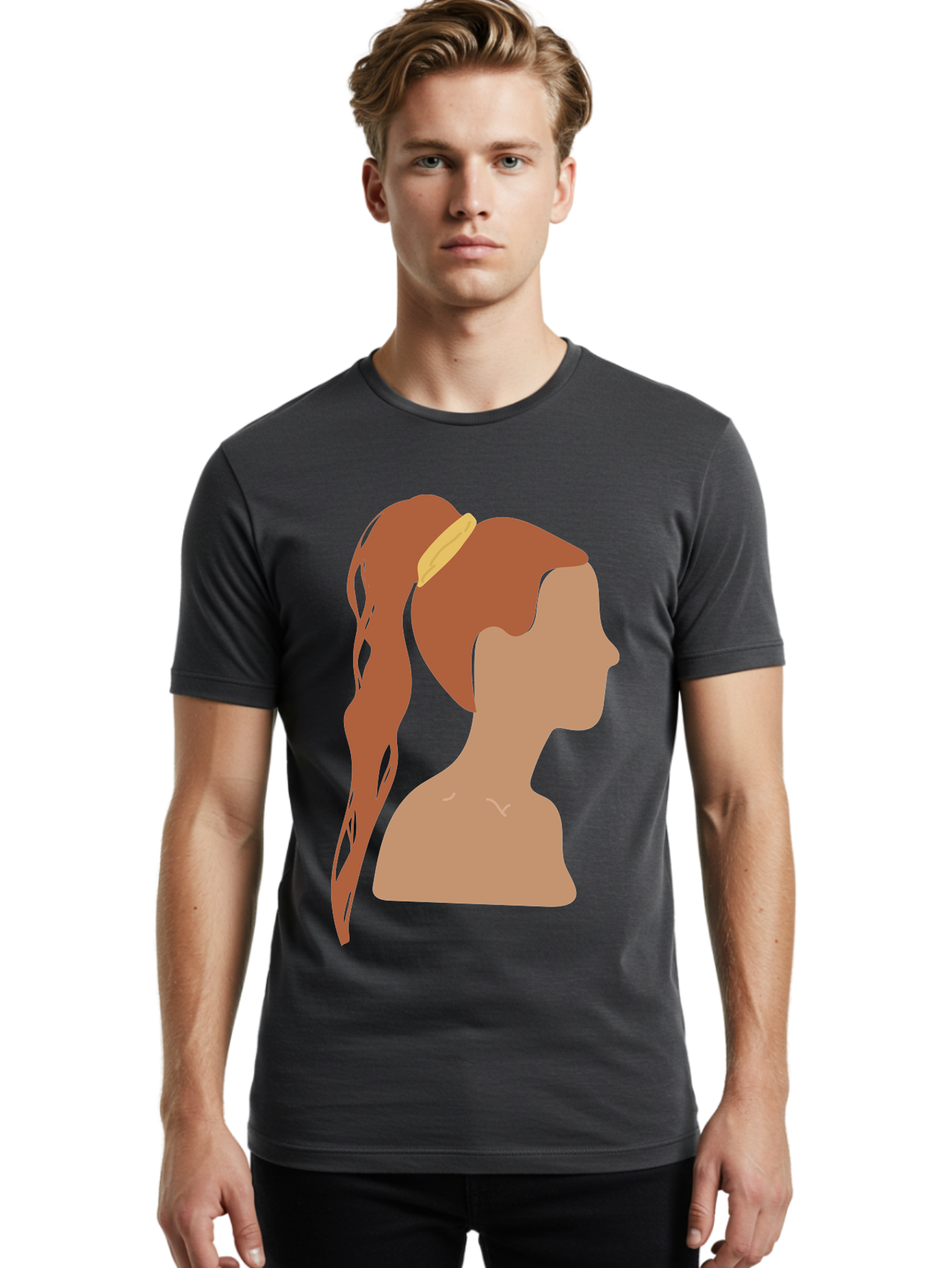Woman-With-Pigtail Men'S Graphic Tee, 100% Cotton, Comfortable Casual Summer Wear, Machine Washable, Girl Profile, Pigtail Hairstyle, Yellow Hairband, Simple Illustration, Minimalist Design, Elegant Look, Simple Shapes, Cartoon-Style, Aae082