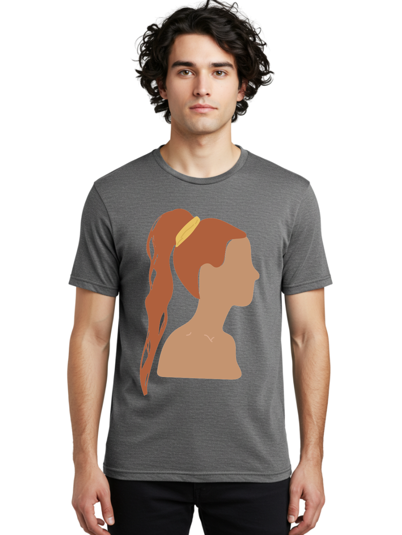 Woman-With-Pigtail Men'S Graphic Tee, 100% Cotton, Comfortable Casual Summer Wear, Machine Washable, Girl Profile, Pigtail Hairstyle, Yellow Hairband, Simple Illustration, Minimalist Design, Elegant Look, Simple Shapes, Cartoon-Style, Aae082