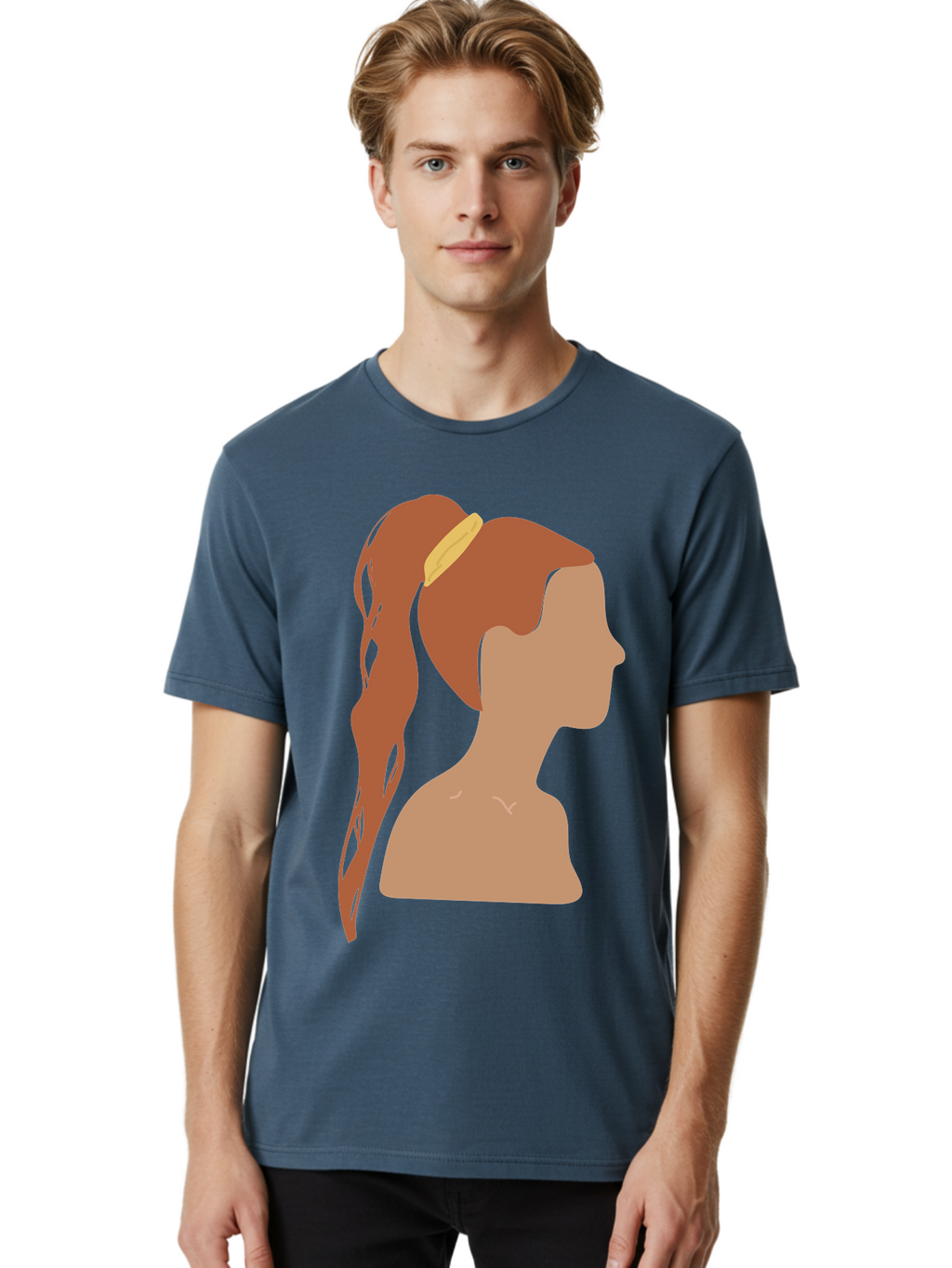 Woman-With-Pigtail Men'S Graphic Tee, 100% Cotton, Comfortable Casual Summer Wear, Machine Washable, Girl Profile, Pigtail Hairstyle, Yellow Hairband, Simple Illustration, Minimalist Design, Elegant Look, Simple Shapes, Cartoon-Style, Aae082