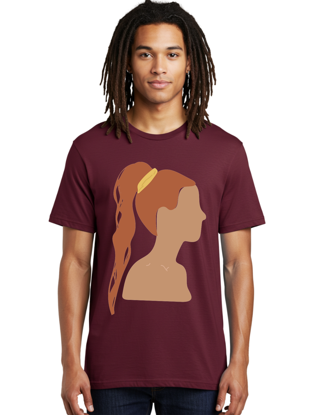 Woman-With-Pigtail Men'S Graphic Tee, 100% Cotton, Comfortable Casual Summer Wear, Machine Washable, Girl Profile, Pigtail Hairstyle, Yellow Hairband, Simple Illustration, Minimalist Design, Elegant Look, Simple Shapes, Cartoon-Style, Aae082