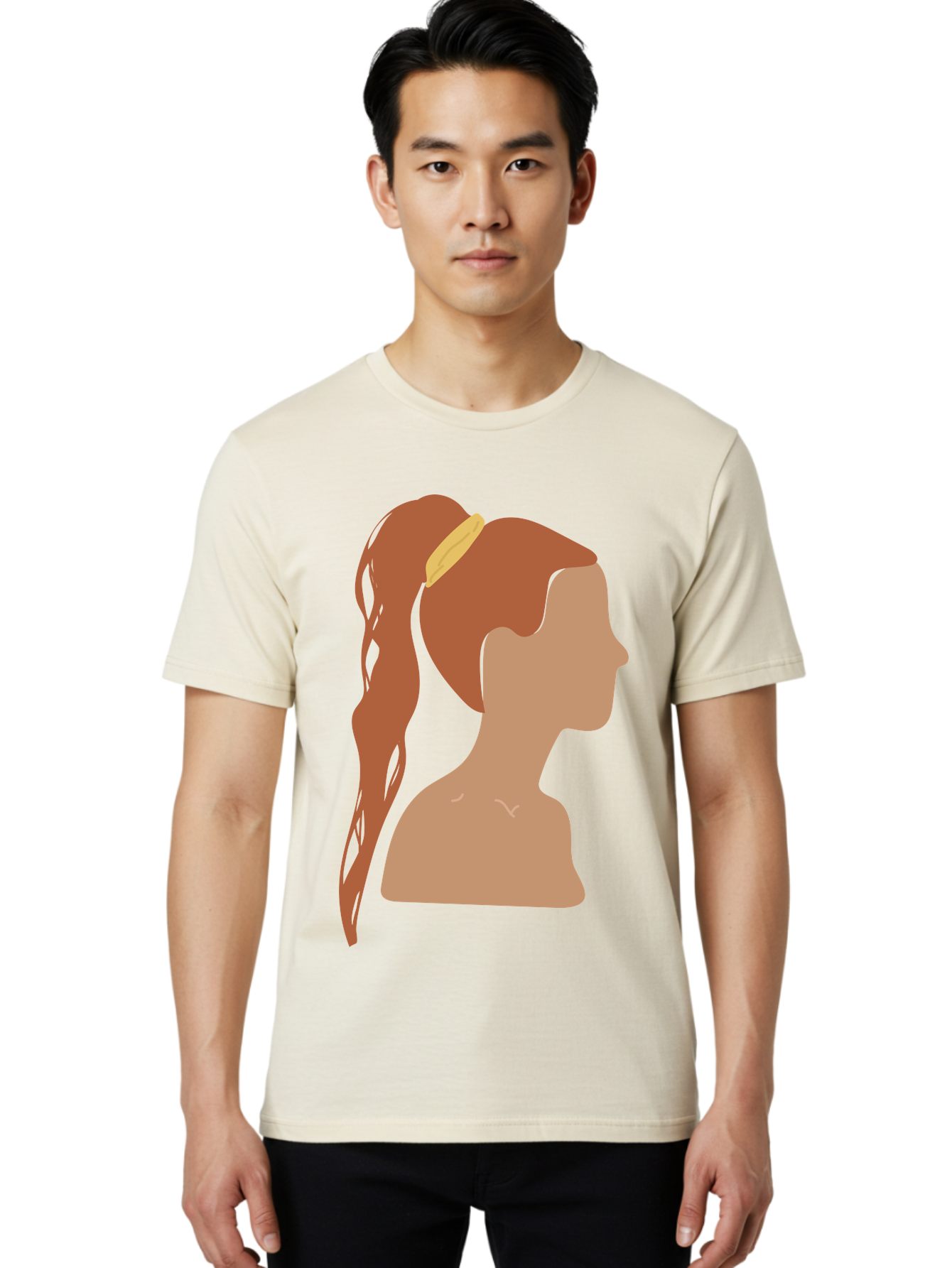 Woman-With-Pigtail Men'S Graphic Tee, 100% Cotton, Comfortable Casual Summer Wear, Machine Washable, Girl Profile, Pigtail Hairstyle, Yellow Hairband, Simple Illustration, Minimalist Design, Elegant Look, Simple Shapes, Cartoon-Style, Aae082