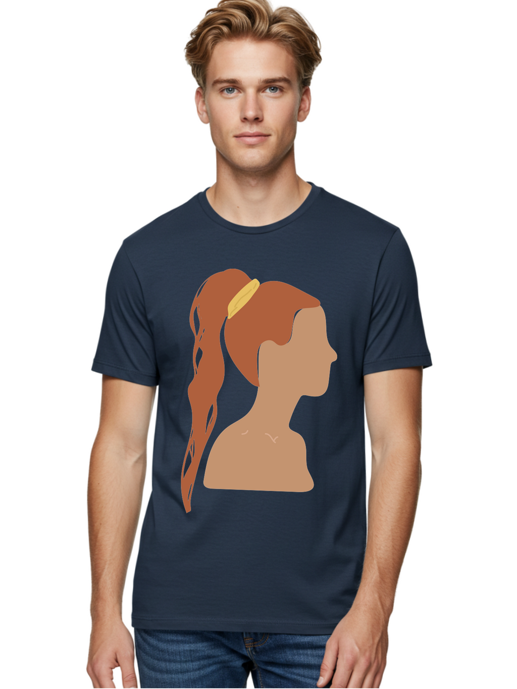 Woman-With-Pigtail Men'S Graphic Tee, 100% Cotton, Comfortable Casual Summer Wear, Machine Washable, Girl Profile, Pigtail Hairstyle, Yellow Hairband, Simple Illustration, Minimalist Design, Elegant Look, Simple Shapes, Cartoon-Style, Aae082