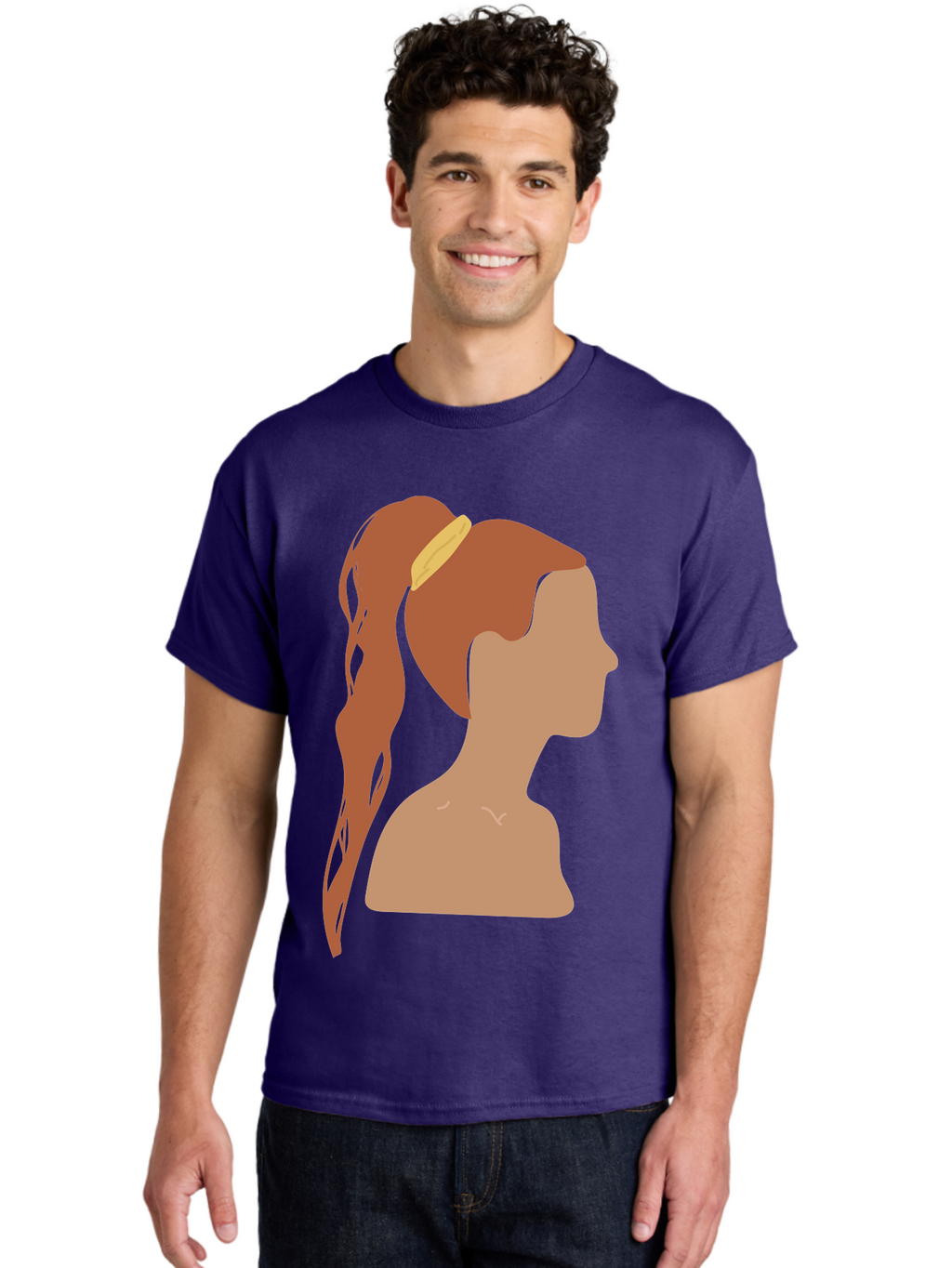 Woman-With-Pigtail Men'S Graphic Tee, 100% Cotton, Comfortable Casual Summer Wear, Machine Washable, Girl Profile, Pigtail Hairstyle, Yellow Hairband, Simple Illustration, Minimalist Design, Elegant Look, Simple Shapes, Cartoon-Style, Aae082