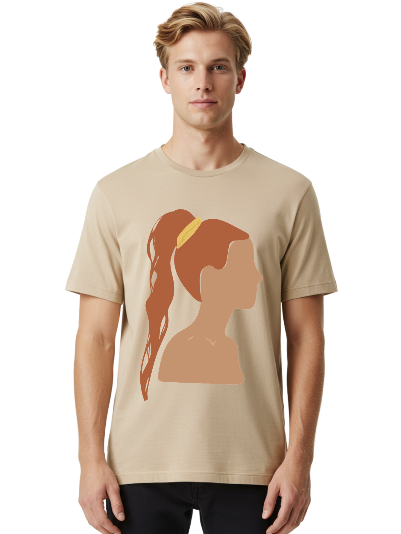 Woman-With-Pigtail Men'S Graphic Tee, 100% Cotton, Comfortable Casual Summer Wear, Machine Washable, Girl Profile, Pigtail Hairstyle, Yellow Hairband, Simple Illustration, Minimalist Design, Elegant Look, Simple Shapes, Cartoon-Style, Aae082