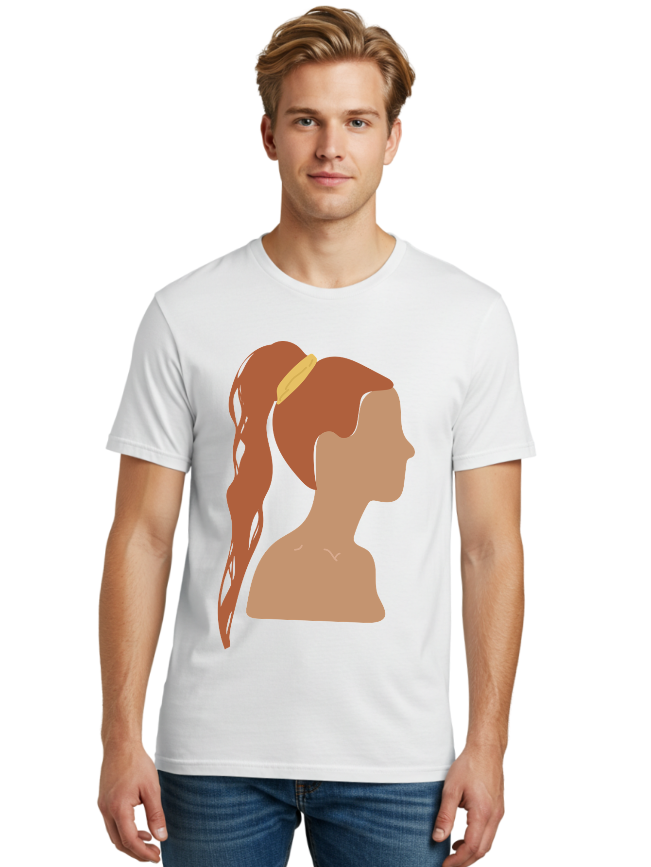 Woman-With-Pigtail Men'S Graphic Tee, 100% Cotton, Comfortable Casual Summer Wear, Machine Washable, Girl Profile, Pigtail Hairstyle, Yellow Hairband, Simple Illustration, Minimalist Design, Elegant Look, Simple Shapes, Cartoon-Style, Aae082