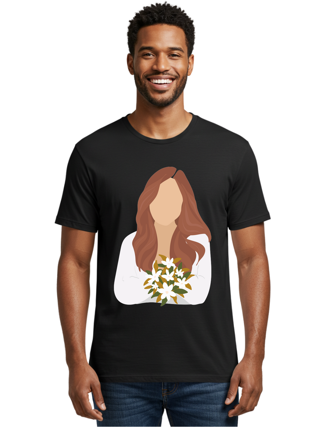 Woman-With-White-Flowers Men'S Graphic Tee, 100% Cotton, Comfortable Casual Summer Wear, Machine Washable, Woman With Long Hair, White Flowers, Bouquet, Elegant Style, Minimalist Design, Faceless Figure, Wavy Locks, Floral Arrangement, Aae083