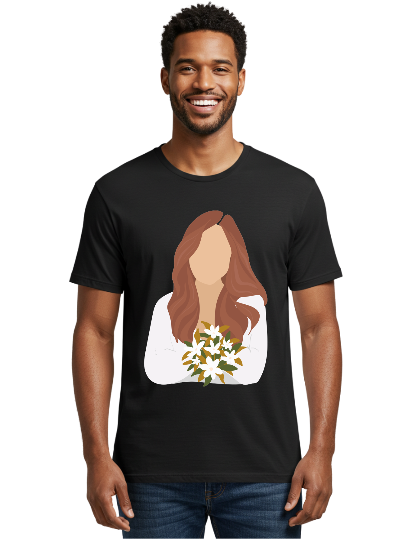 Woman-With-White-Flowers Men'S Graphic Tee, 100% Cotton, Comfortable Casual Summer Wear, Machine Washable, Woman With Long Hair, White Flowers, Bouquet, Elegant Style, Minimalist Design, Faceless Figure, Wavy Locks, Floral Arrangement, Aae083