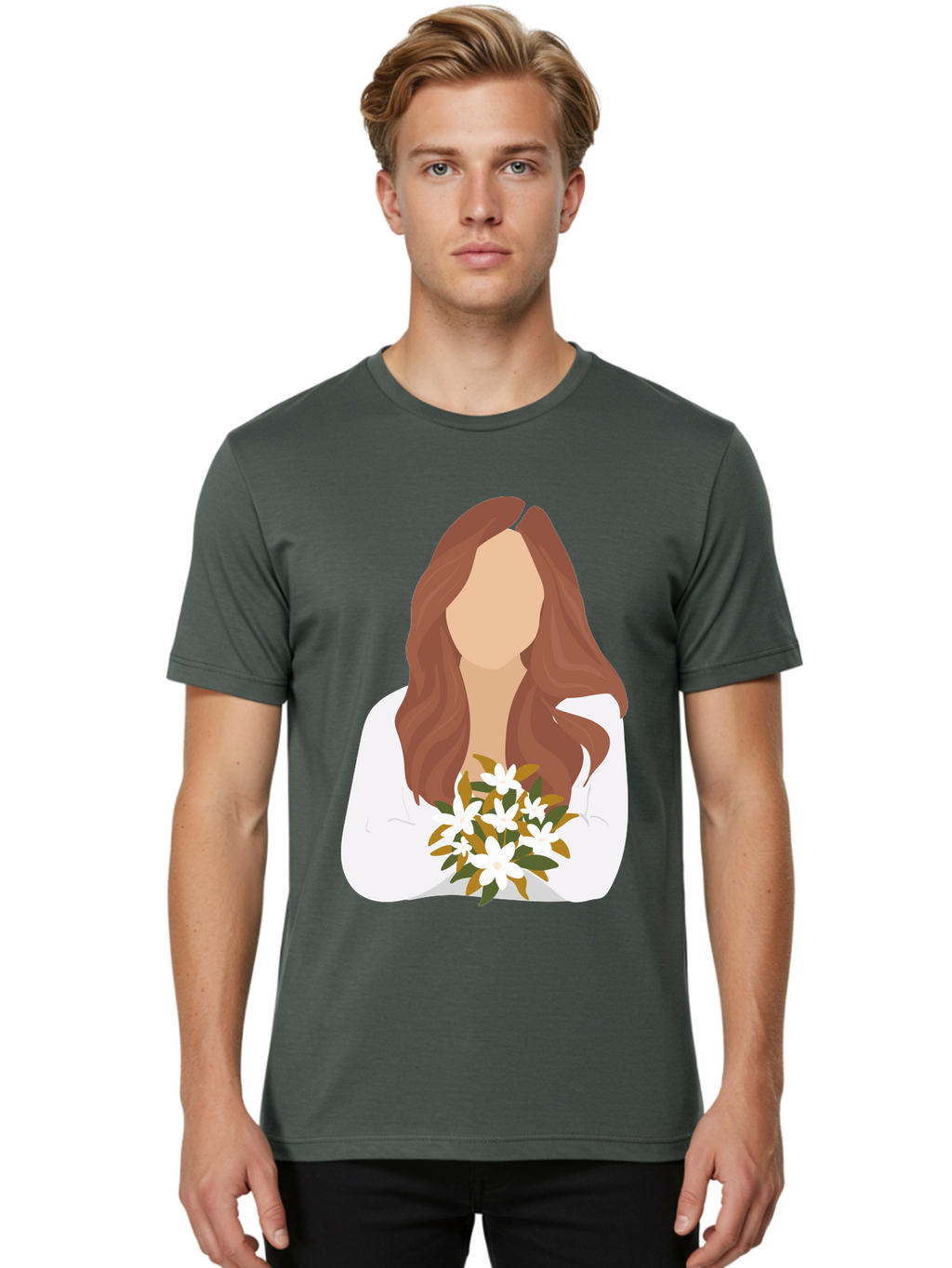 Woman-With-White-Flowers Men'S Graphic Tee, 100% Cotton, Comfortable Casual Summer Wear, Machine Washable, Woman With Long Hair, White Flowers, Bouquet, Elegant Style, Minimalist Design, Faceless Figure, Wavy Locks, Floral Arrangement, Aae083