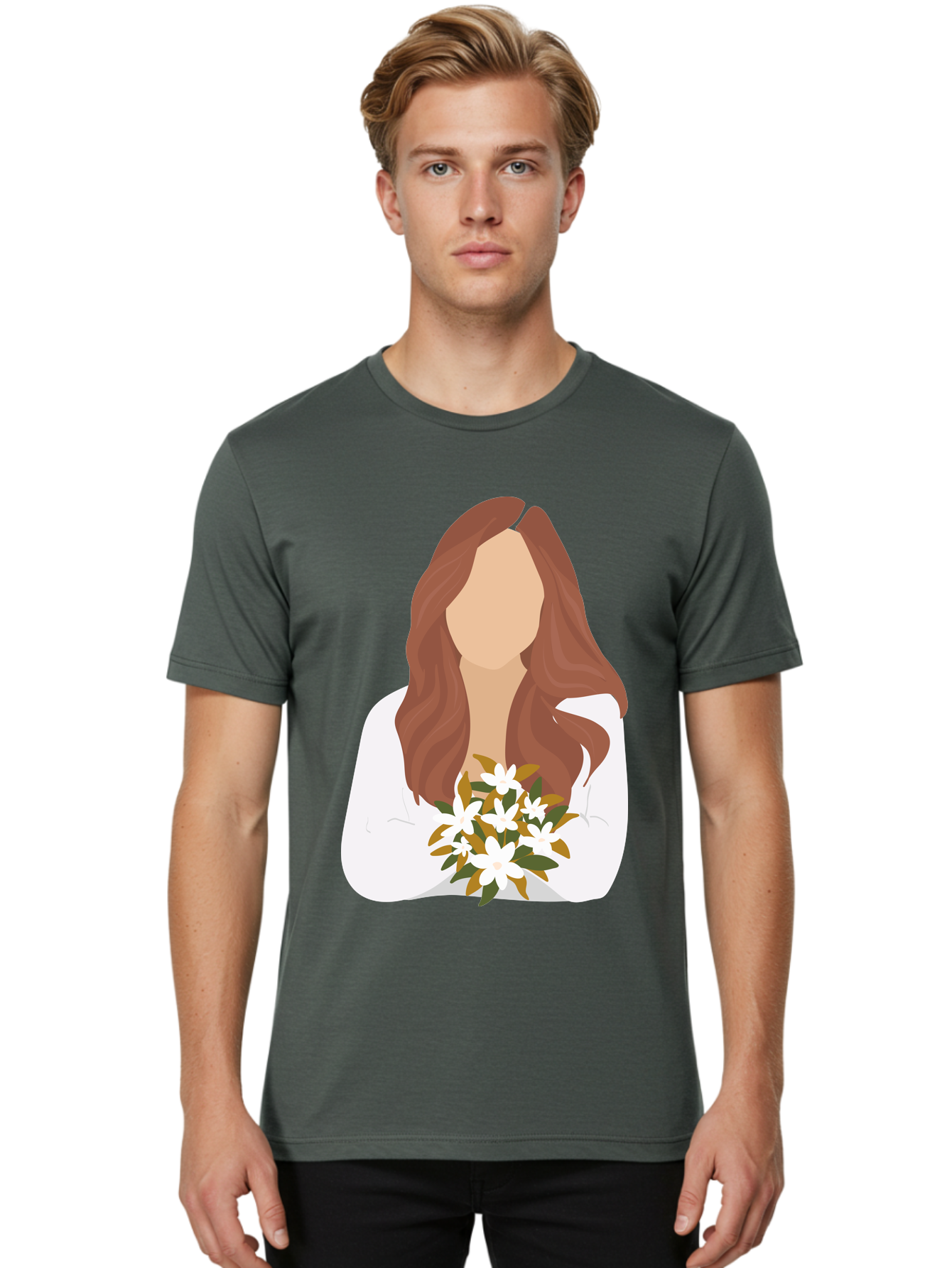 Woman-With-White-Flowers Men'S Graphic Tee, 100% Cotton, Comfortable Casual Summer Wear, Machine Washable, Woman With Long Hair, White Flowers, Bouquet, Elegant Style, Minimalist Design, Faceless Figure, Wavy Locks, Floral Arrangement, Aae083