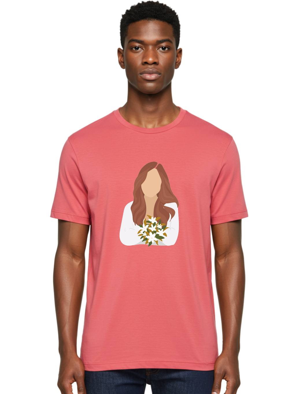 Woman-With-White-Flowers Men'S Graphic Tee, 100% Cotton, Comfortable Casual Summer Wear, Machine Washable, Woman With Long Hair, White Flowers, Bouquet, Elegant Style, Minimalist Design, Faceless Figure, Wavy Locks, Floral Arrangement, Aae083