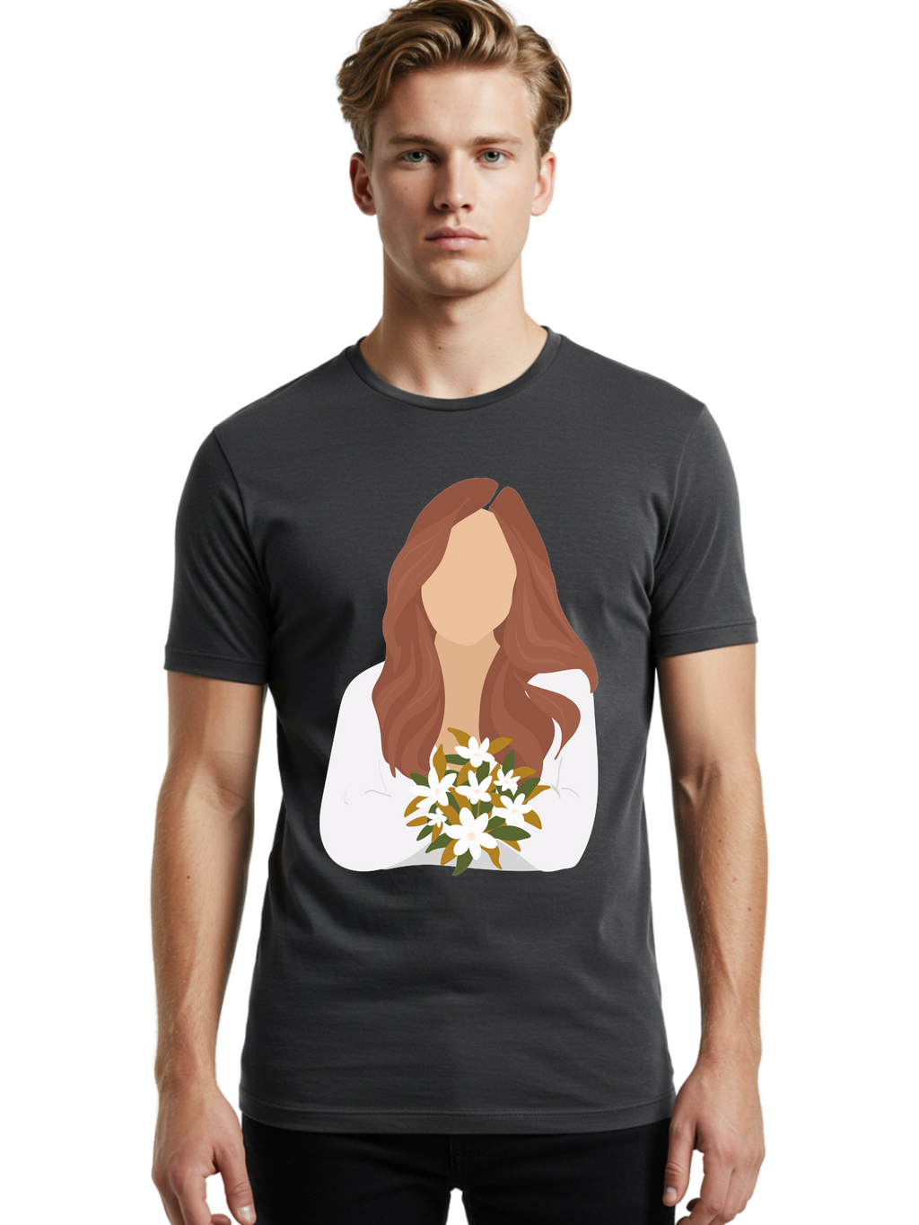 Woman-With-White-Flowers Men'S Graphic Tee, 100% Cotton, Comfortable Casual Summer Wear, Machine Washable, Woman With Long Hair, White Flowers, Bouquet, Elegant Style, Minimalist Design, Faceless Figure, Wavy Locks, Floral Arrangement, Aae083