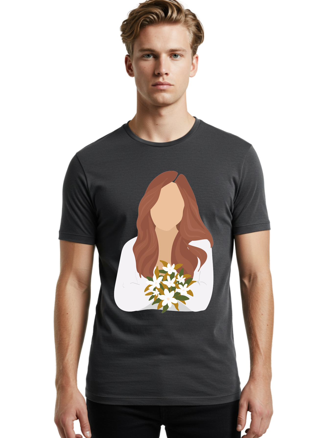 Woman-With-White-Flowers Men'S Graphic Tee, 100% Cotton, Comfortable Casual Summer Wear, Machine Washable, Woman With Long Hair, White Flowers, Bouquet, Elegant Style, Minimalist Design, Faceless Figure, Wavy Locks, Floral Arrangement, Aae083