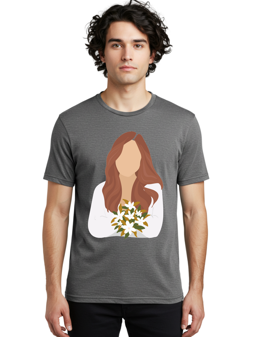 Woman-With-White-Flowers Men'S Graphic Tee, 100% Cotton, Comfortable Casual Summer Wear, Machine Washable, Woman With Long Hair, White Flowers, Bouquet, Elegant Style, Minimalist Design, Faceless Figure, Wavy Locks, Floral Arrangement, Aae083