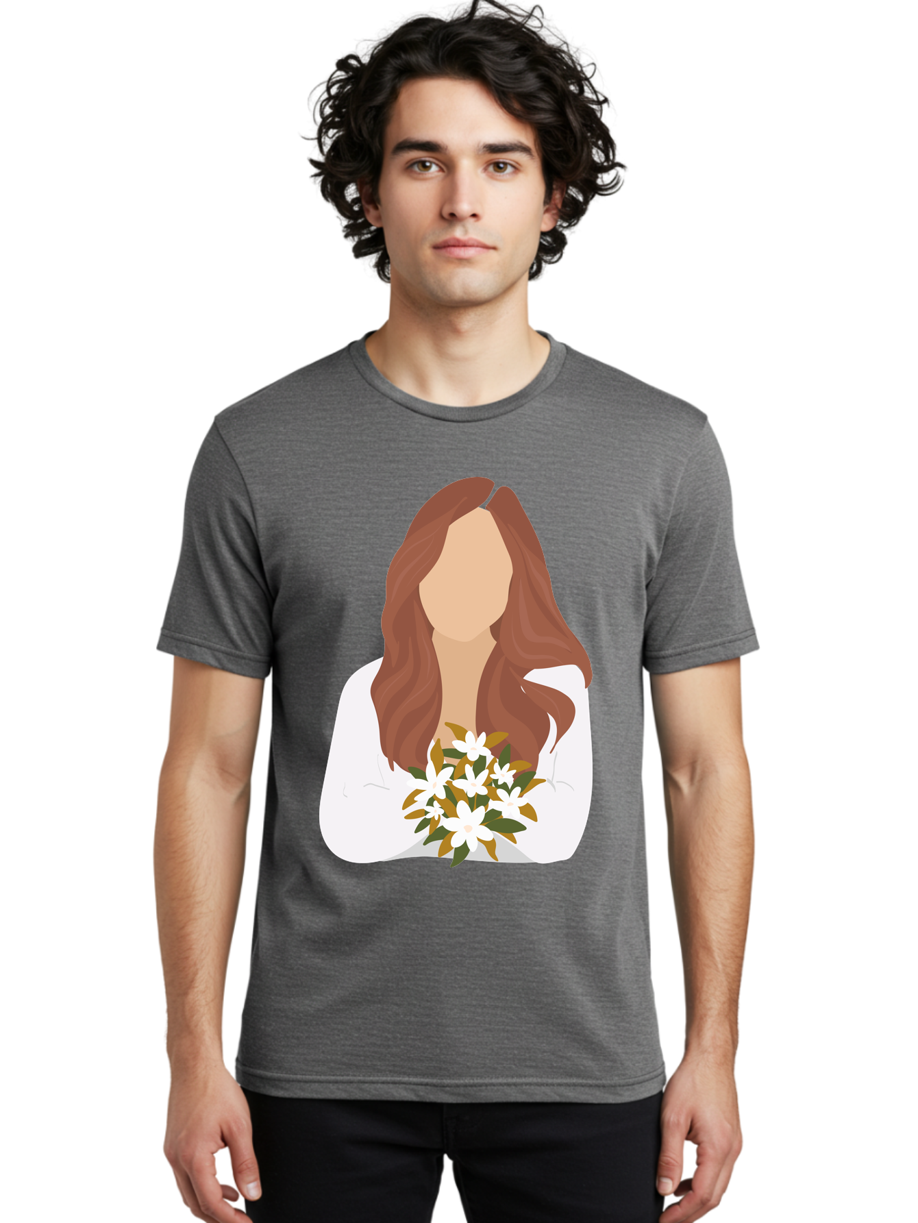 Woman-With-White-Flowers Men'S Graphic Tee, 100% Cotton, Comfortable Casual Summer Wear, Machine Washable, Woman With Long Hair, White Flowers, Bouquet, Elegant Style, Minimalist Design, Faceless Figure, Wavy Locks, Floral Arrangement, Aae083
