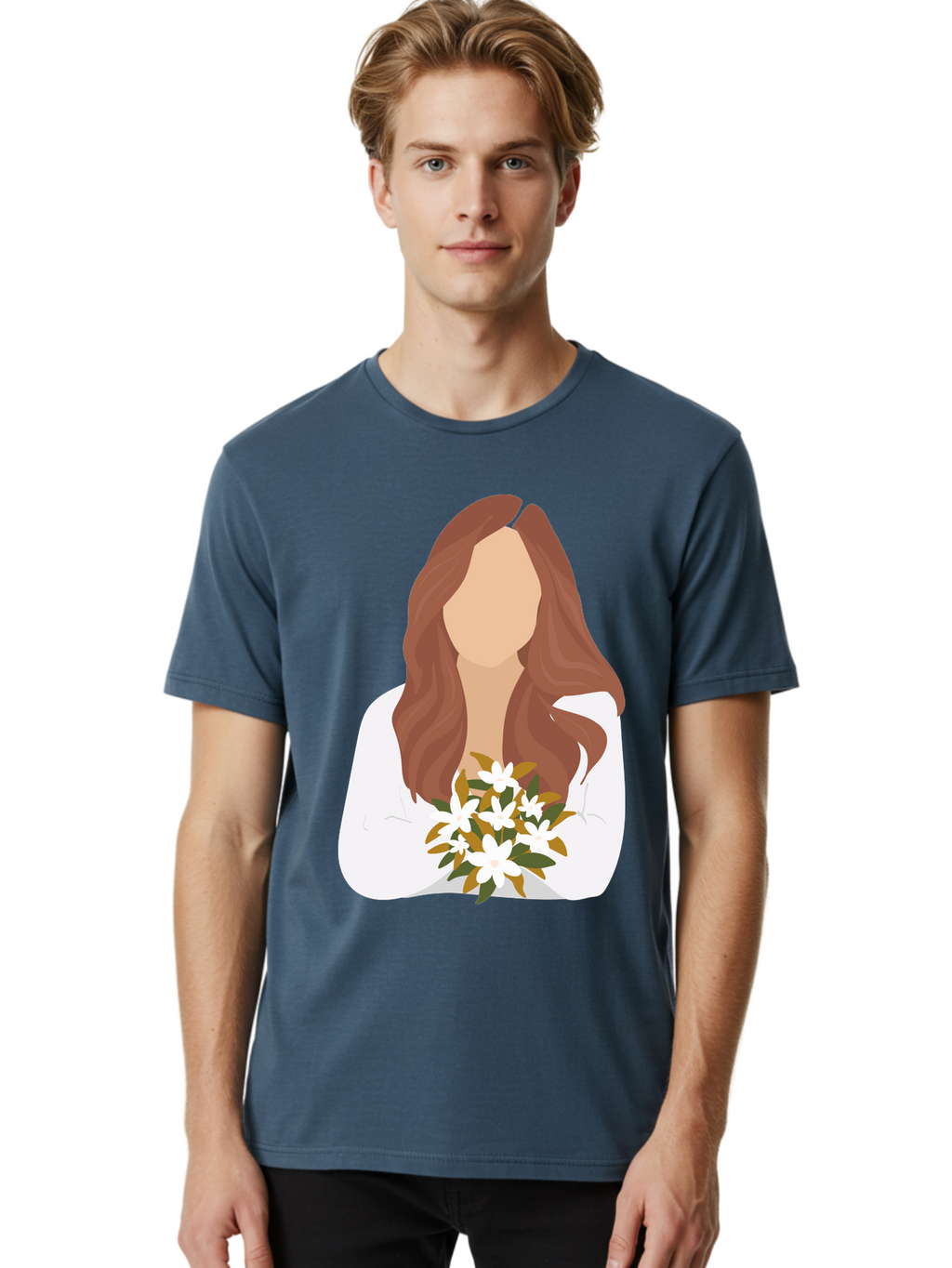 Woman-With-White-Flowers Men'S Graphic Tee, 100% Cotton, Comfortable Casual Summer Wear, Machine Washable, Woman With Long Hair, White Flowers, Bouquet, Elegant Style, Minimalist Design, Faceless Figure, Wavy Locks, Floral Arrangement, Aae083