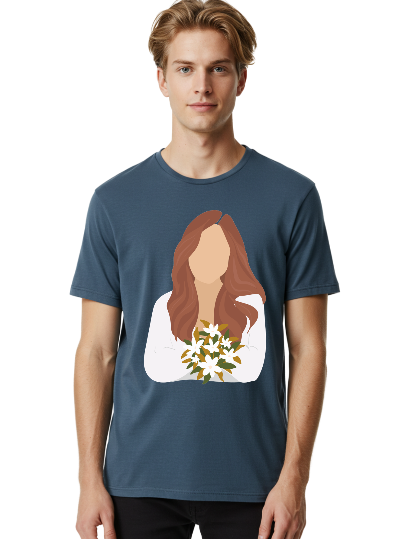 Woman-With-White-Flowers Men'S Graphic Tee, 100% Cotton, Comfortable Casual Summer Wear, Machine Washable, Woman With Long Hair, White Flowers, Bouquet, Elegant Style, Minimalist Design, Faceless Figure, Wavy Locks, Floral Arrangement, Aae083