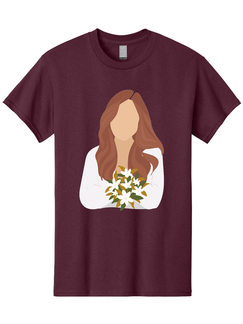 Woman-With-White-Flowers Men'S Graphic Tee, 100% Cotton, Comfortable Casual Summer Wear, Machine Washable, Woman With Long Hair, White Flowers, Bouquet, Elegant Style, Minimalist Design, Faceless Figure, Wavy Locks, Floral Arrangement, Aae083