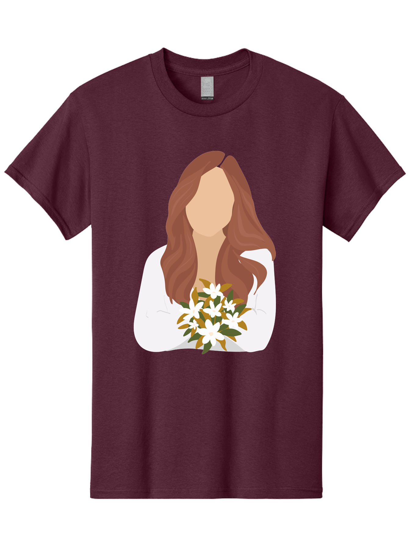 Woman-With-White-Flowers Men'S Graphic Tee, 100% Cotton, Comfortable Casual Summer Wear, Machine Washable, Woman With Long Hair, White Flowers, Bouquet, Elegant Style, Minimalist Design, Faceless Figure, Wavy Locks, Floral Arrangement, Aae083
