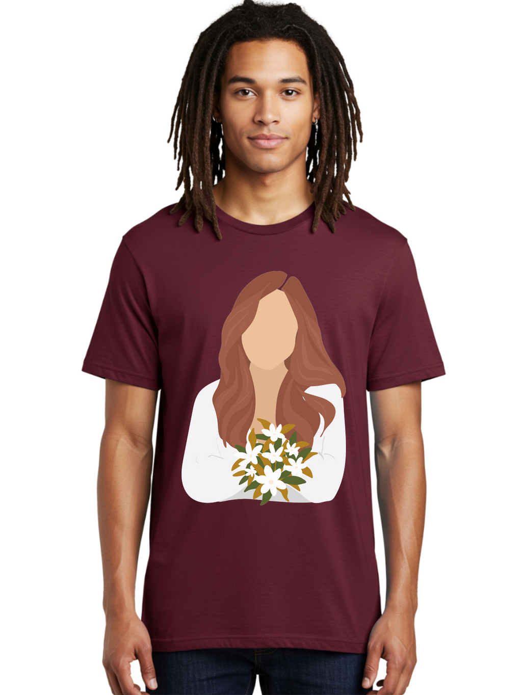Woman-With-White-Flowers Men'S Graphic Tee, 100% Cotton, Comfortable Casual Summer Wear, Machine Washable, Woman With Long Hair, White Flowers, Bouquet, Elegant Style, Minimalist Design, Faceless Figure, Wavy Locks, Floral Arrangement, Aae083