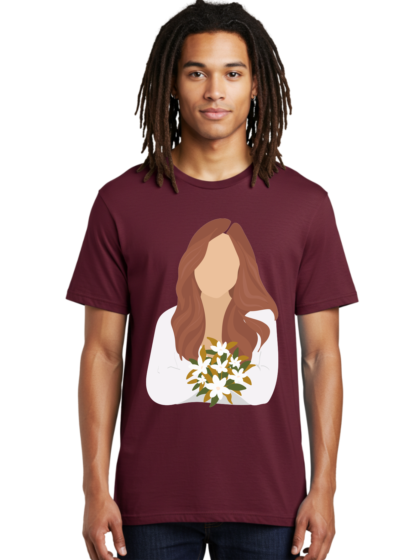 Woman-With-White-Flowers Men'S Graphic Tee, 100% Cotton, Comfortable Casual Summer Wear, Machine Washable, Woman With Long Hair, White Flowers, Bouquet, Elegant Style, Minimalist Design, Faceless Figure, Wavy Locks, Floral Arrangement, Aae083