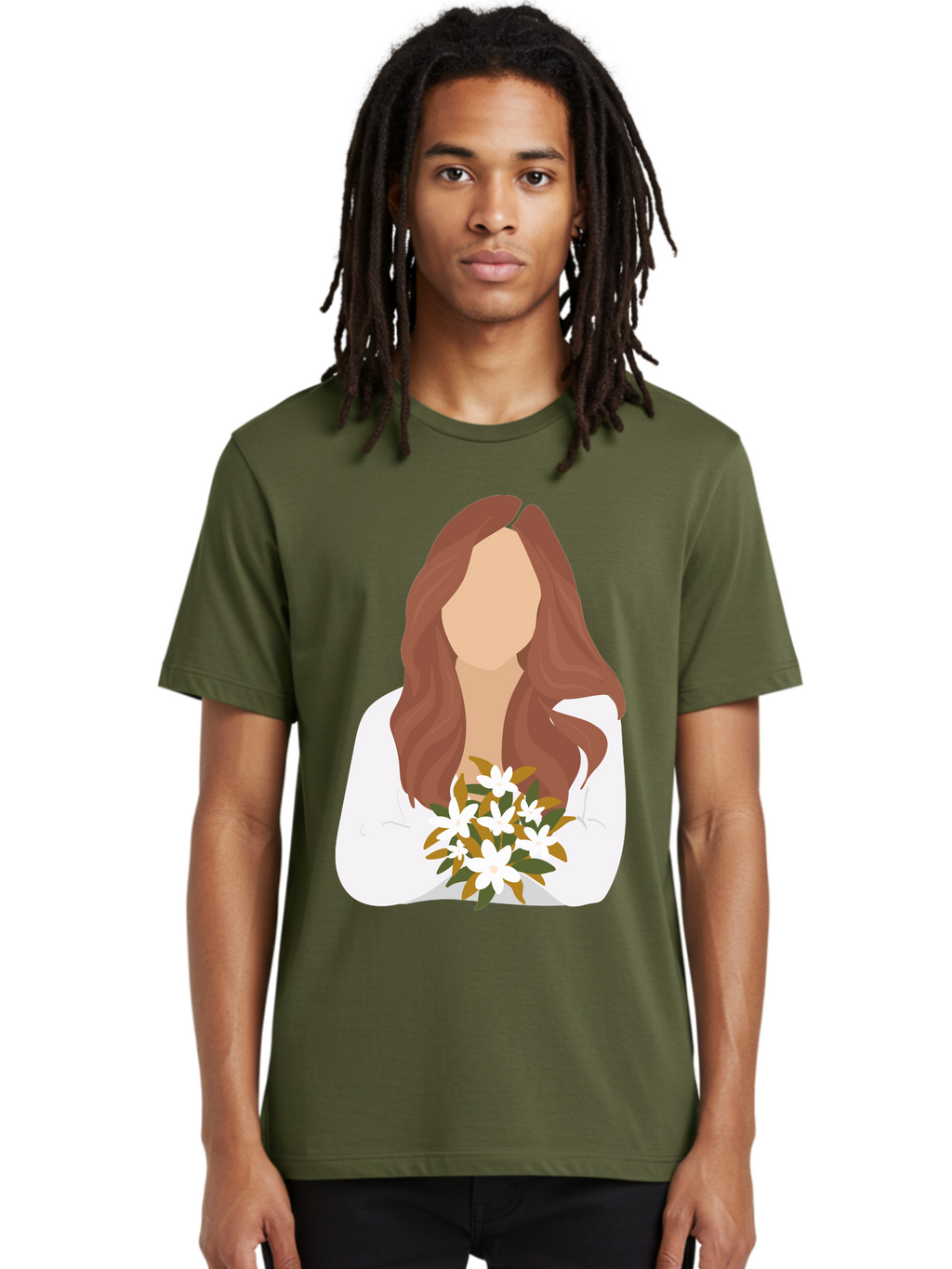 Woman-With-White-Flowers Men'S Graphic Tee, 100% Cotton, Comfortable Casual Summer Wear, Machine Washable, Woman With Long Hair, White Flowers, Bouquet, Elegant Style, Minimalist Design, Faceless Figure, Wavy Locks, Floral Arrangement, Aae083