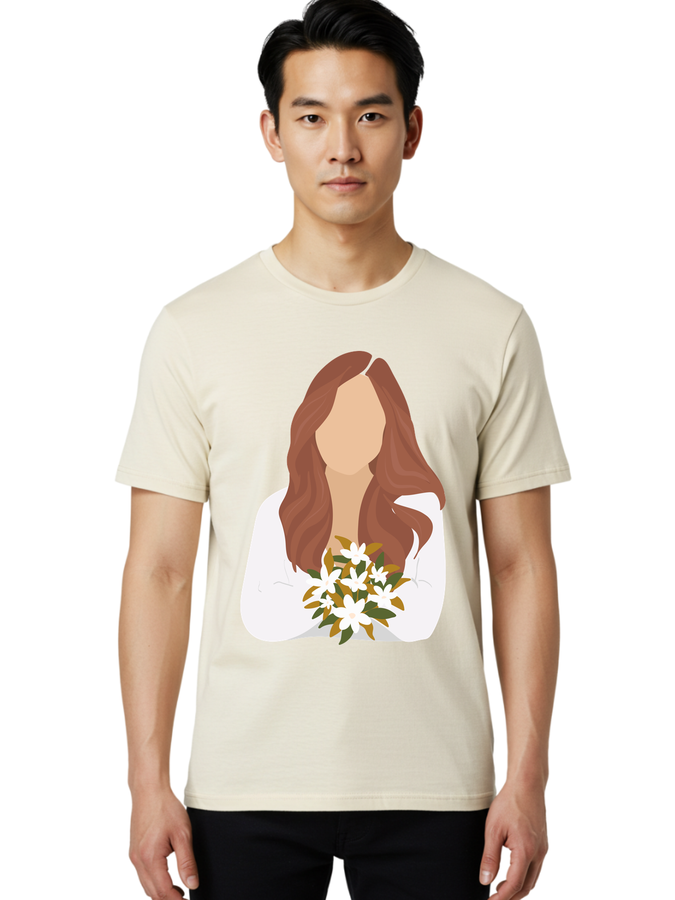 Woman-With-White-Flowers Men'S Graphic Tee, 100% Cotton, Comfortable Casual Summer Wear, Machine Washable, Woman With Long Hair, White Flowers, Bouquet, Elegant Style, Minimalist Design, Faceless Figure, Wavy Locks, Floral Arrangement, Aae083