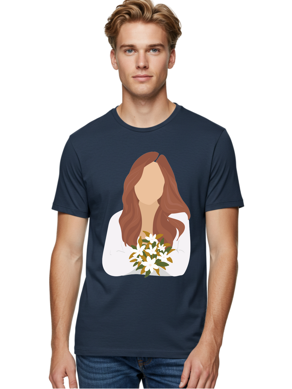 Woman-With-White-Flowers Men'S Graphic Tee, 100% Cotton, Comfortable Casual Summer Wear, Machine Washable, Woman With Long Hair, White Flowers, Bouquet, Elegant Style, Minimalist Design, Faceless Figure, Wavy Locks, Floral Arrangement, Aae083
