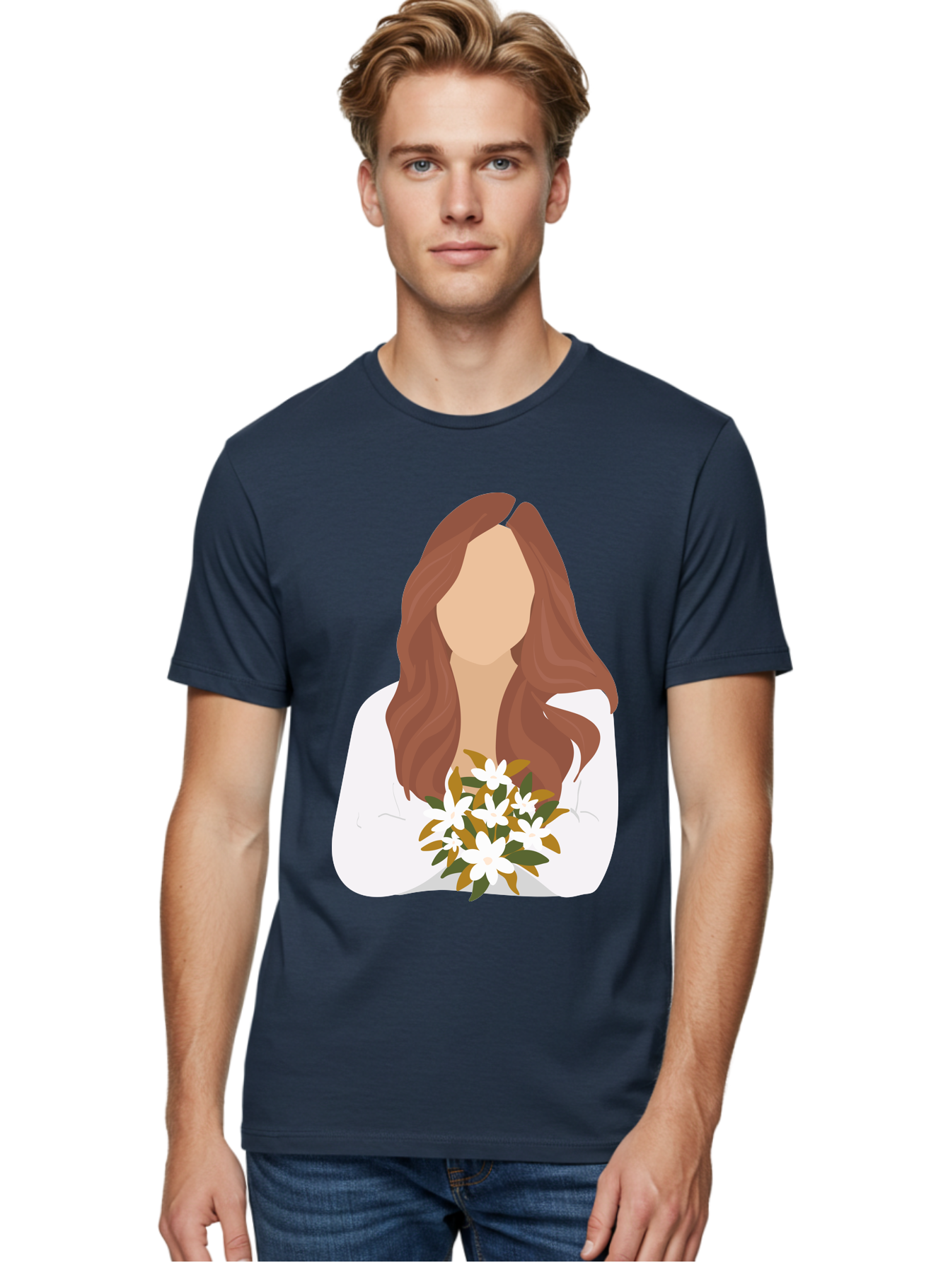 Woman-With-White-Flowers Men'S Graphic Tee, 100% Cotton, Comfortable Casual Summer Wear, Machine Washable, Woman With Long Hair, White Flowers, Bouquet, Elegant Style, Minimalist Design, Faceless Figure, Wavy Locks, Floral Arrangement, Aae083