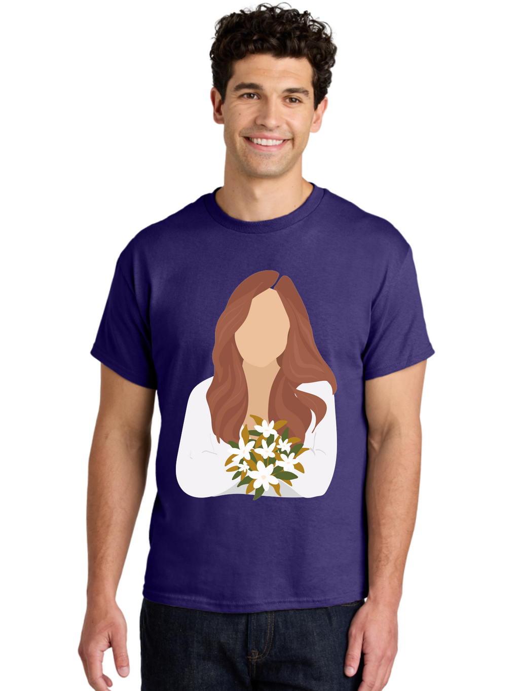 Woman-With-White-Flowers Men'S Graphic Tee, 100% Cotton, Comfortable Casual Summer Wear, Machine Washable, Woman With Long Hair, White Flowers, Bouquet, Elegant Style, Minimalist Design, Faceless Figure, Wavy Locks, Floral Arrangement, Aae083