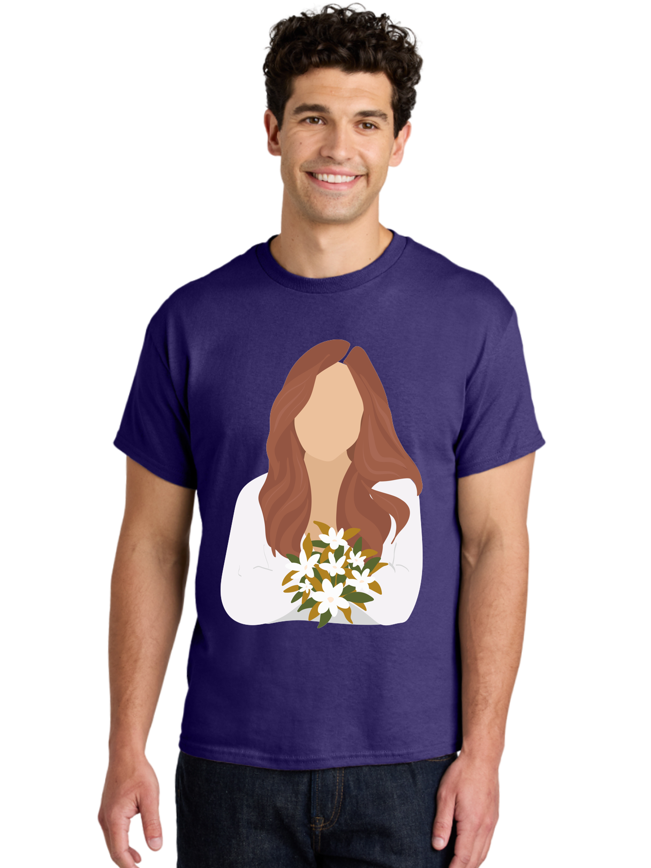 Woman-With-White-Flowers Men'S Graphic Tee, 100% Cotton, Comfortable Casual Summer Wear, Machine Washable, Woman With Long Hair, White Flowers, Bouquet, Elegant Style, Minimalist Design, Faceless Figure, Wavy Locks, Floral Arrangement, Aae083