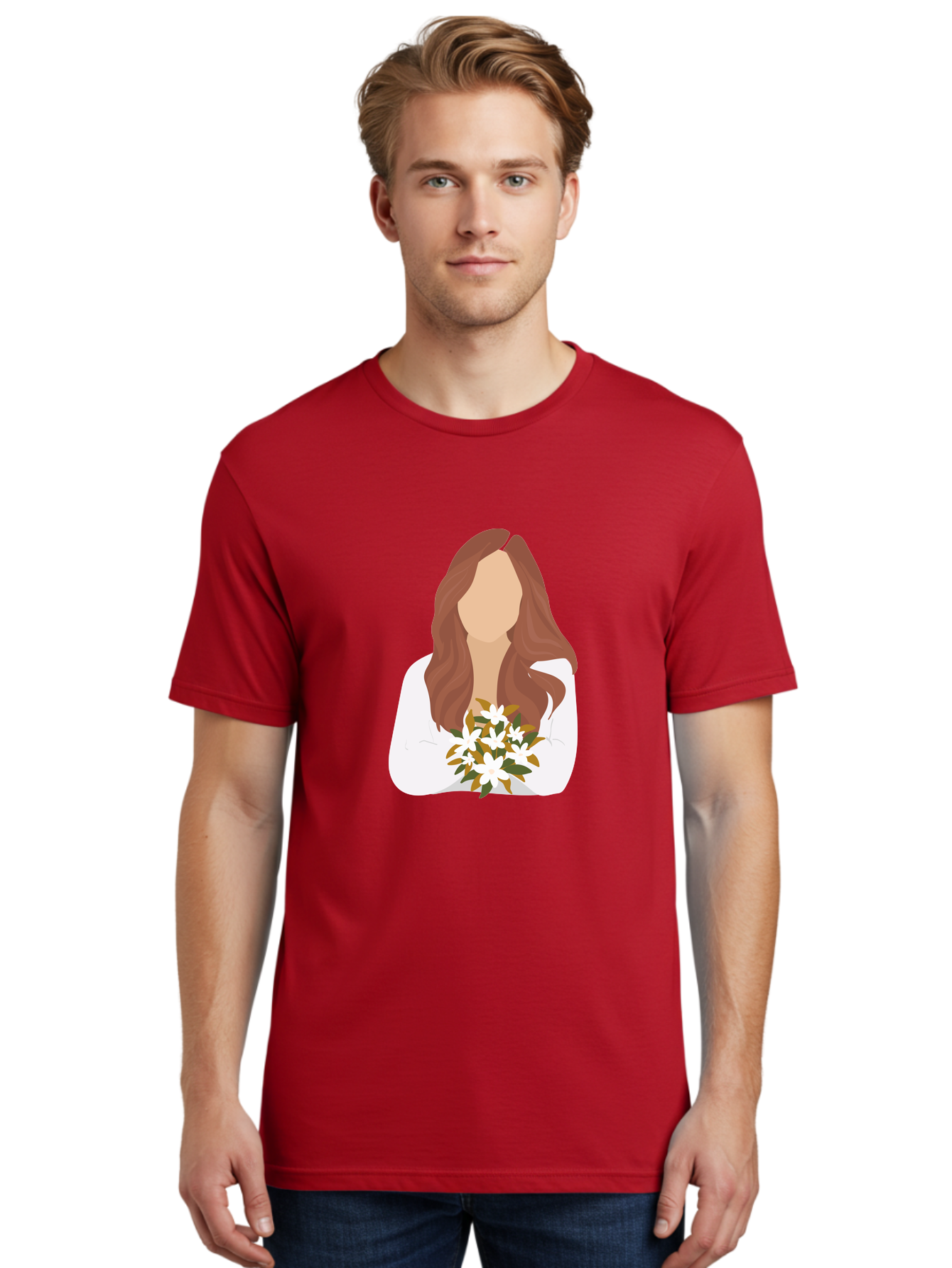 Woman-With-White-Flowers Men'S Graphic Tee, 100% Cotton, Comfortable Casual Summer Wear, Machine Washable, Woman With Long Hair, White Flowers, Bouquet, Elegant Style, Minimalist Design, Faceless Figure, Wavy Locks, Floral Arrangement, Aae083