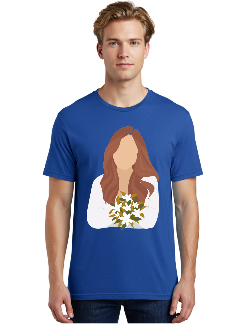 Woman-With-White-Flowers Men'S Graphic Tee, 100% Cotton, Comfortable Casual Summer Wear, Machine Washable, Woman With Long Hair, White Flowers, Bouquet, Elegant Style, Minimalist Design, Faceless Figure, Wavy Locks, Floral Arrangement, Aae083