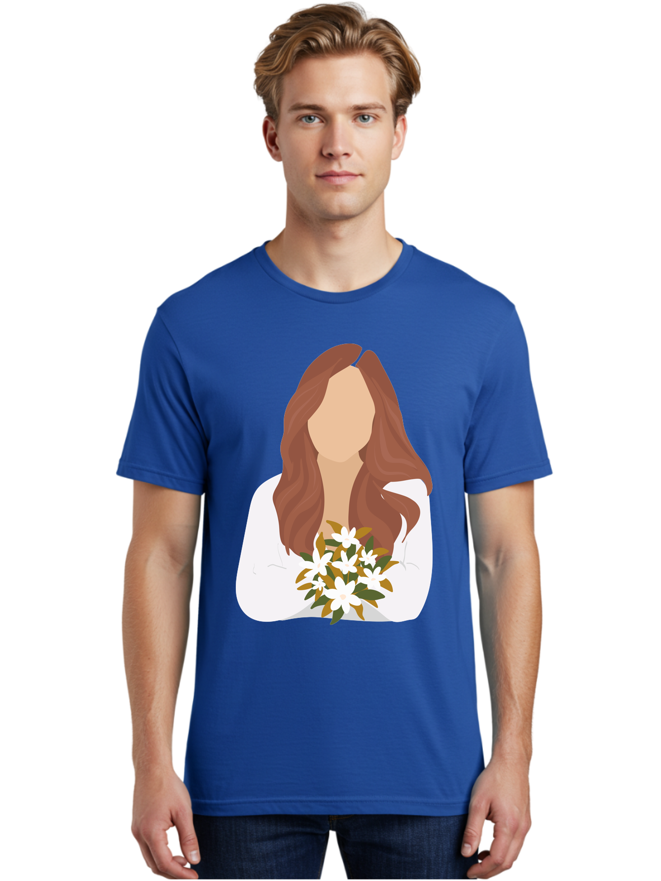Woman-With-White-Flowers Men'S Graphic Tee, 100% Cotton, Comfortable Casual Summer Wear, Machine Washable, Woman With Long Hair, White Flowers, Bouquet, Elegant Style, Minimalist Design, Faceless Figure, Wavy Locks, Floral Arrangement, Aae083