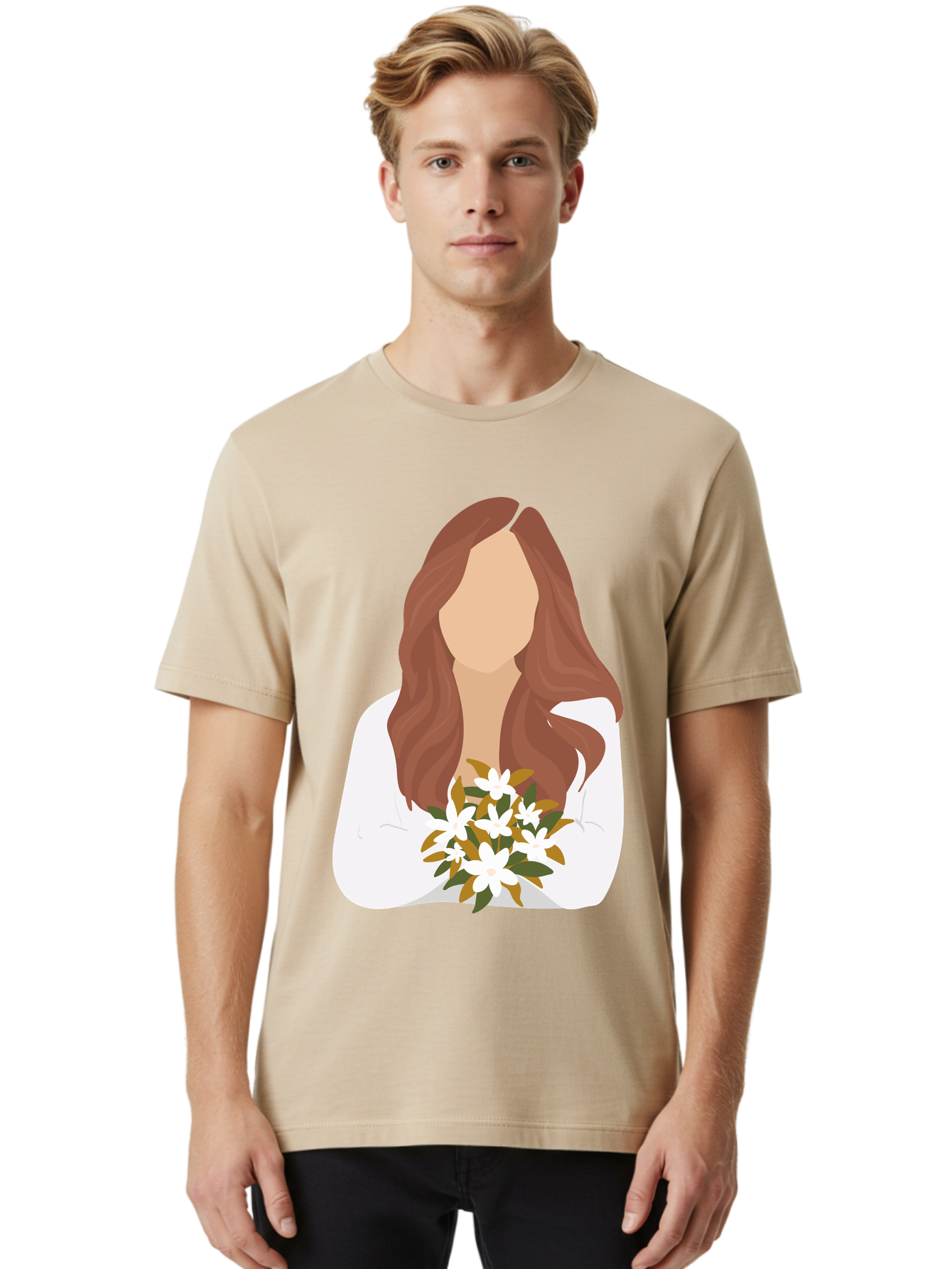Woman-With-White-Flowers Men'S Graphic Tee, 100% Cotton, Comfortable Casual Summer Wear, Machine Washable, Woman With Long Hair, White Flowers, Bouquet, Elegant Style, Minimalist Design, Faceless Figure, Wavy Locks, Floral Arrangement, Aae083