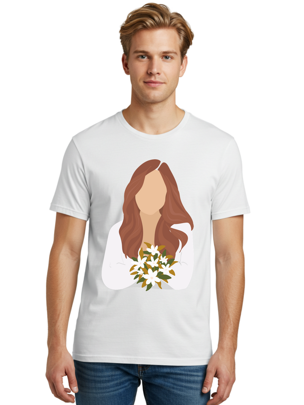 Woman-With-White-Flowers Men'S Graphic Tee, 100% Cotton, Comfortable Casual Summer Wear, Machine Washable, Woman With Long Hair, White Flowers, Bouquet, Elegant Style, Minimalist Design, Faceless Figure, Wavy Locks, Floral Arrangement, Aae083
