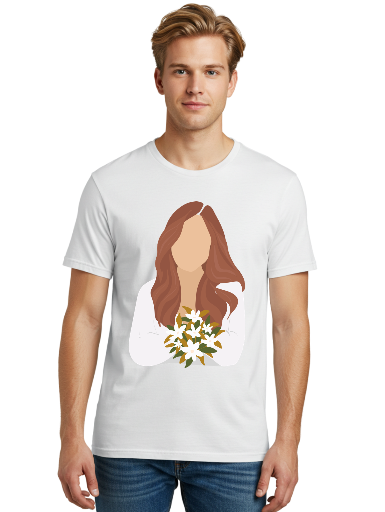 Woman-With-White-Flowers Men'S Graphic Tee, 100% Cotton, Comfortable Casual Summer Wear, Machine Washable, Woman With Long Hair, White Flowers, Bouquet, Elegant Style, Minimalist Design, Faceless Figure, Wavy Locks, Floral Arrangement, Aae083