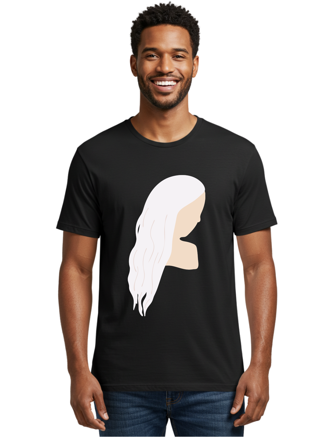 Woman-With-White-Hair Men'S Graphic Tee, 100% Cotton, Comfortable Casual Summer Wear, Machine Washable, Woman With White Hair, Long Hair, Side View, Female Profile, Wavy Hair Texture, Minimalist Design, Simple Illustration, Aae084