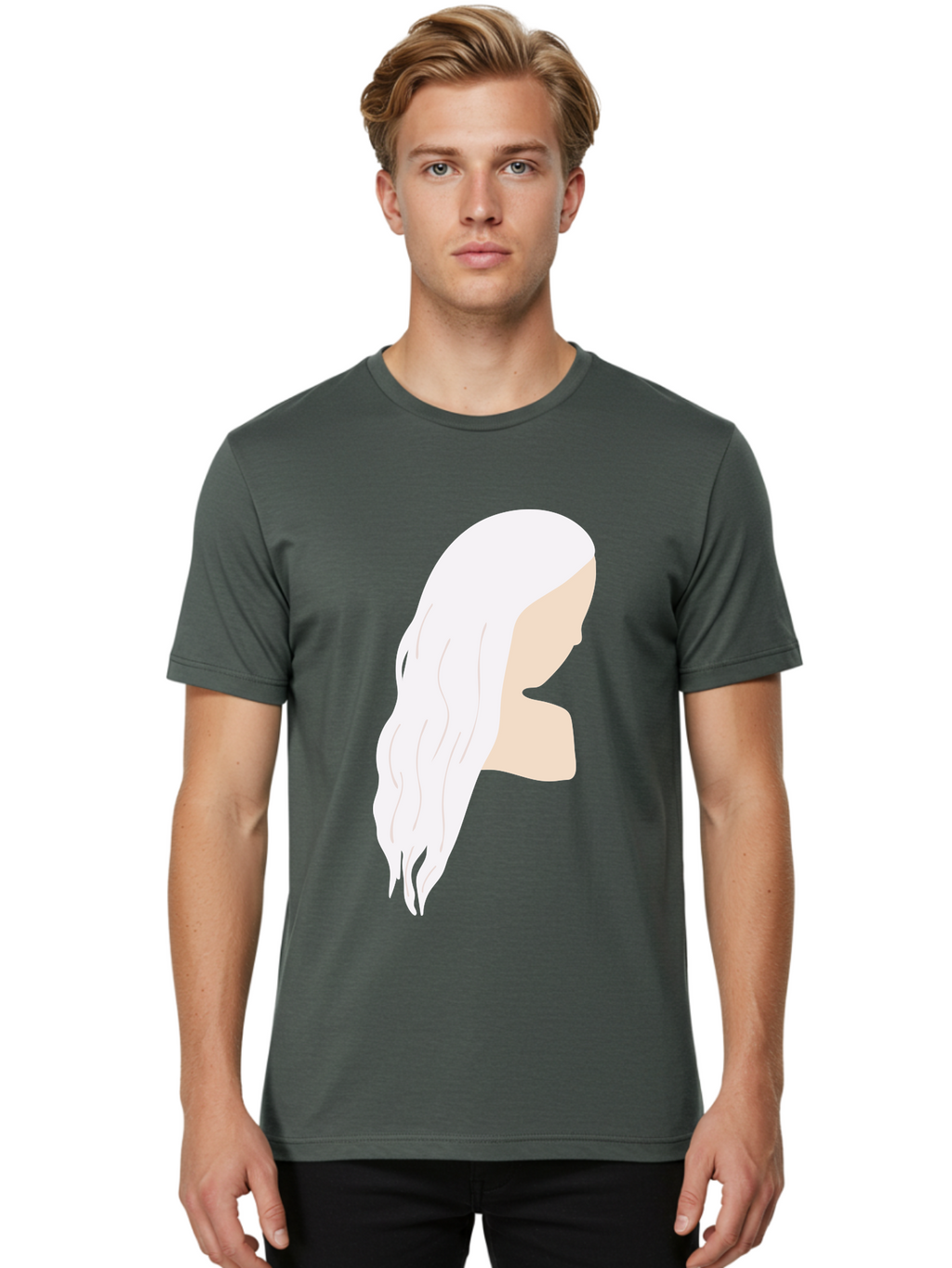 Woman-With-White-Hair Men'S Graphic Tee, 100% Cotton, Comfortable Casual Summer Wear, Machine Washable, Woman With White Hair, Long Hair, Side View, Female Profile, Wavy Hair Texture, Minimalist Design, Simple Illustration, Aae084